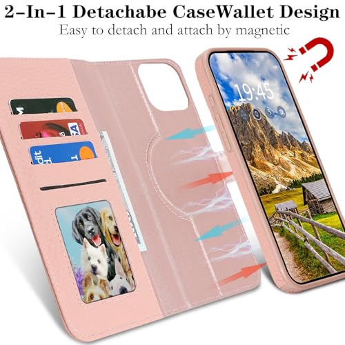 Image of Detachable Genuine Leather Case for iPhone 12 /12 Pro Wallet Case Magnetic 2in1 Removable Flip Cover Book Purse Compatible with Magsafe Charging Kickstand Card Holder-Pink