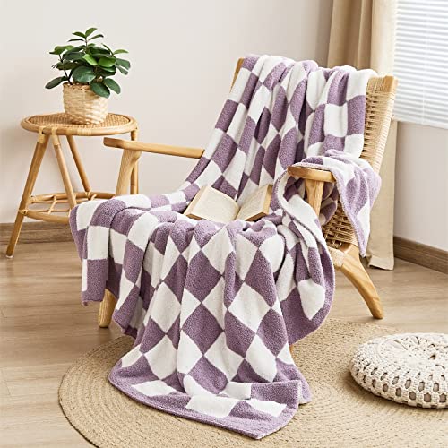 Mido House Fuzzy Throw Blanket For Couch Warm Cozy Gingham Microfiber Bed Blankets Reversible Checkerboard Light Purple Throw Blankets 52 X 63 Inch #TOP1