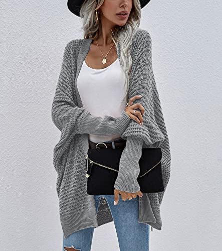 Image of Women's Waffle Cardigan Ribbed Cuffs Open Front Knit Sweater Batwing Long Sleeve Casual Loose Chunky Coat Outwear(XL,deep grey2)