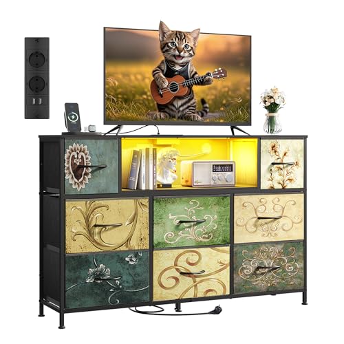WLIVE Kommode, 8 Stoffschubladen,Schubladenkommode mit Steckdosen, vielseitige Schubladenkommode für Schlafzimmer und Wohnzimmer, mit stabilem Stahlrahmen und Holzplatte,120 * 30 * 79 cm (Bohemien)
