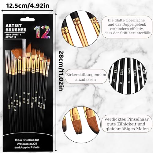 Aquarellpinsel,Aquarell Pinsel,12 Stück Watercolor Brush,Schwarz Feiner Pinsel Borstenpinsel für Anfänger Künstler Erwachsene Kinder