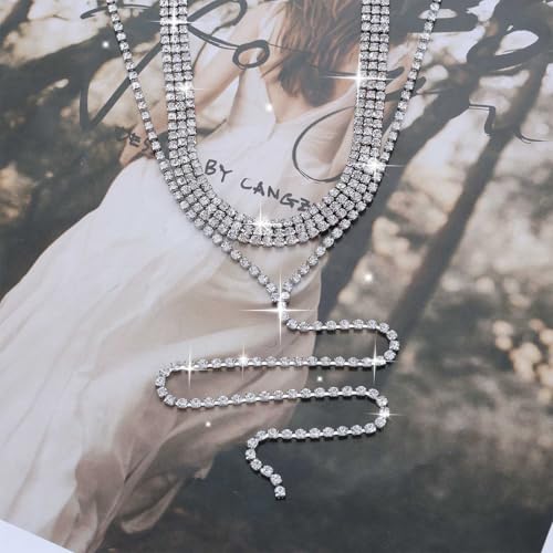 Inateannal Breite Strass Choker Halskette Funkelnde Kristall Tennis Kette Halskette Lange Strass Y Tropfen Halsketten Silber Tennis Y Lariat Kette Hochzeit Schmuck Für Frauen