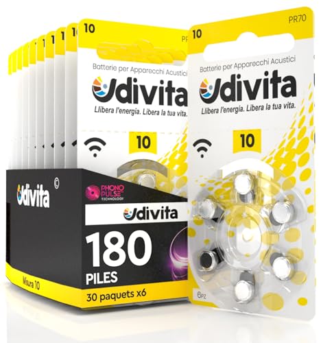 180 Piles Auditives Udivita Technologie Phono Pulse Taille 10. - 30 Blisters de 6 Piles