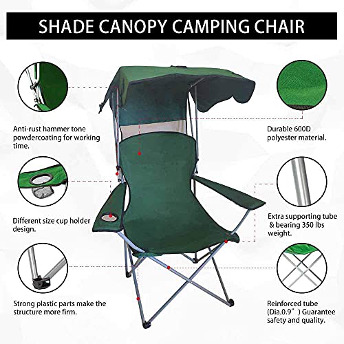 Portable Camping Chair Beach Chair With Canopy Shade Folding Lightweight Portable Fishing Chairs With Cup Holder For Adults Outdoor Events For Support 400Lbs Green #TOP3