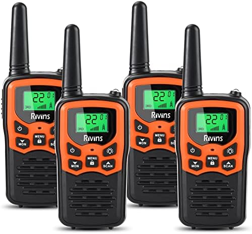 Walkie Talkies RV-7 with 22 FRS Channels, Rivins Walkie Talkies Long Range for Adults with LED Flashlight VOX Scan LCD Display, Handheld Walkie Talkie for Hiking Camping Trip (Orange 4 Pack)