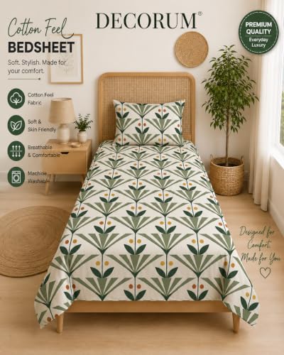 Image of DECORUM Glace Cotton Single Bedsheet with 1 Pillow Cover | Soft, Durable, Lightweight & Skin-Friendly Fabric| Suitable for Single /Diwan Bed Size