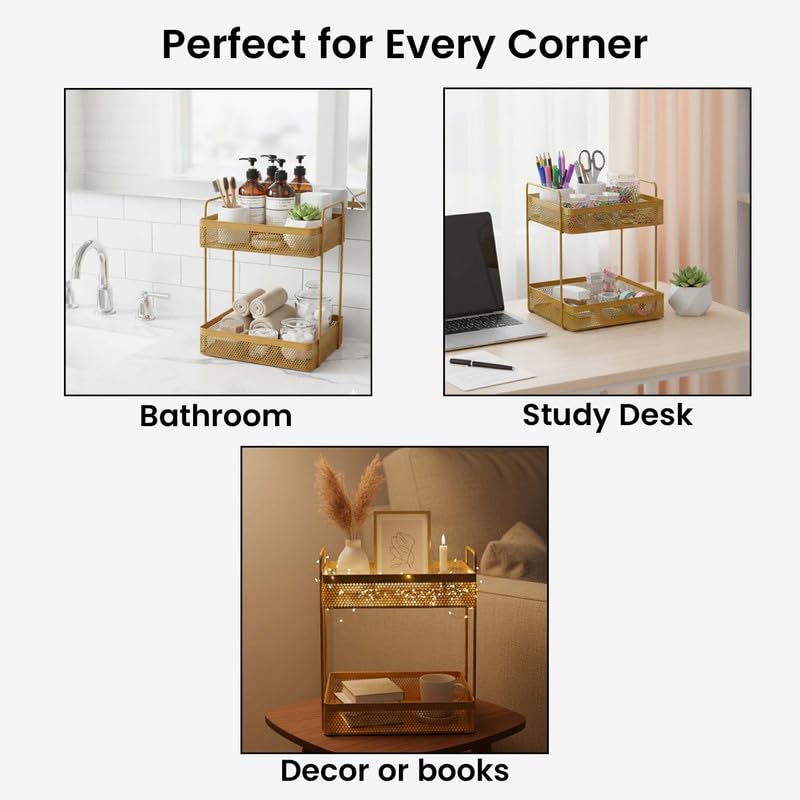 Image of Go Hooked Metal Standing Rack 2-Tier Countertop Organizer | Spices Organizer | Bathroom Essentials | Vanity Storage | Decorative Use | Cosmetic Makeup Storage (Golden)
