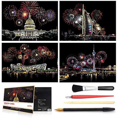 Scoolr Scratch & Sketch Art Paper (A4) for Kids & Adults, Rainbow Girls Flower Painting Scratchboard, Art&Craft, Engraving Art Set: 4 Sheets Scratch Cards & Scratch Drawing Pen, Clean Brush (Firework) Cover