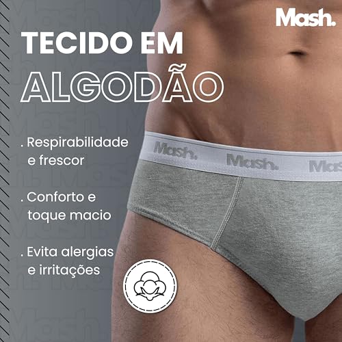 MASH Kit 3 Cuecas Slip Algodão Elástico Boxer Masculino Adulto, 1 Branco - 1 Cinza Mescla Claro - 1