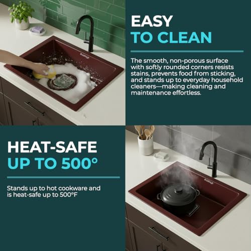 Image of BASINQU Quartz Kitchen Sink 21x18x9 Inches Quartz Brown | Granite Sink For Kitchen Basin UV Protected, Granite Scratch Resistant, Undermount /Topmount Kitchen Sinks