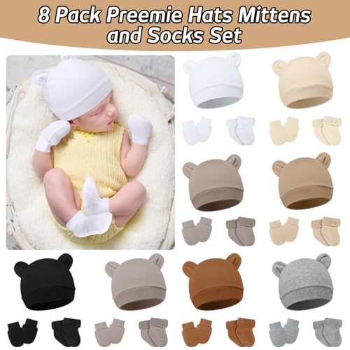Geyoga 8 Pack Preemie Hats, Mittens and Socks Set - Cotton Preemie Caps, No Scratch Mittens, Warm Terry Socks for Baby Gifts3