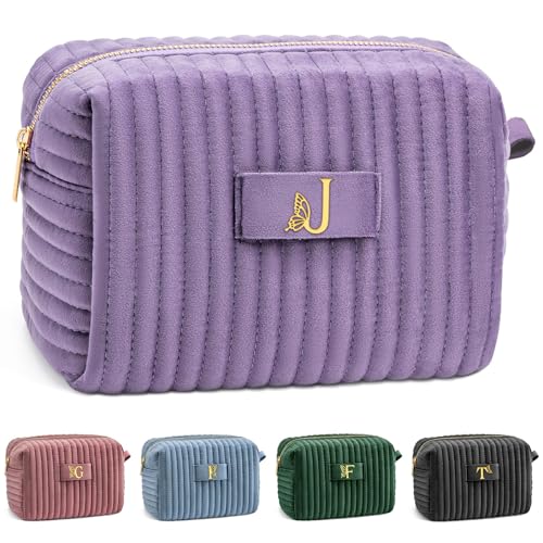 Image of COSHAYSOO Sister Birthday Gifts for Women Best Friend Bestie Friendship Fashion Makeup Bag Make Up Cosmetic Pouch Travel Size Toiletries Skin Care Essentials Organizer Purple Velvet Initial Letter J