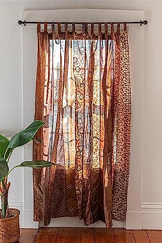 Indian Silk Curtain With Patchwork Sari Theme - Bohemian Gypsy Style (Brown)