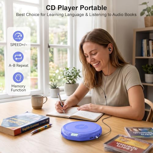 Image of Gueray Portable CD Player with Earphones CD Player for Car Support MP3 | CD Dsicman with Anti-Skip Shockproof with LCD Display Support PROG Memory Repeat Function