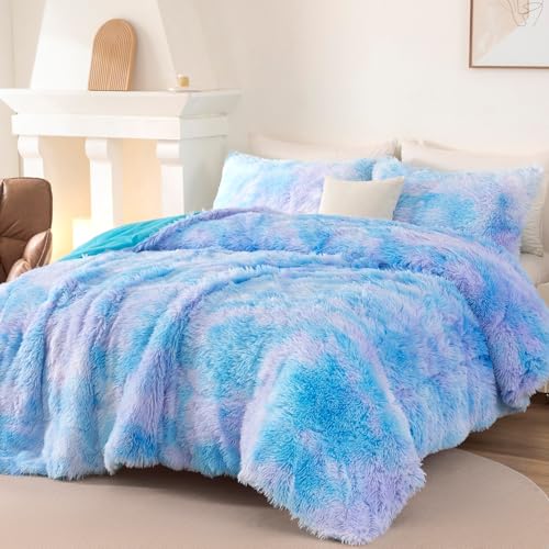 Image of Faux Fur Fluffy Comforter Set Queen Size 3 Pieces Blue Rainbow Bedding Set for Girls Tie Dye Furry Fuzzy Bed Comforter with Pillowcases(Blue, Queen)