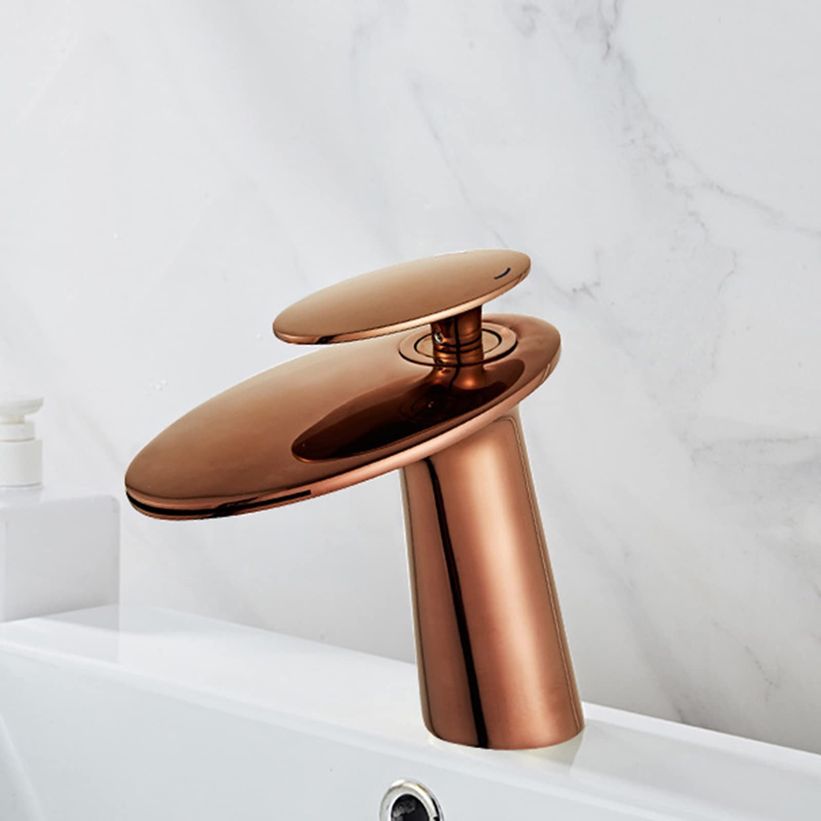 Robinet de lavabo cascade anti-éclaboussures en laiton or rose monotrou