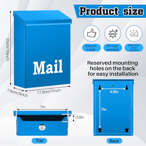 Image of MorningRo 10 x 7 x 3 Inch Small Blue Wall Mount Mailbox with Lock Key for Outside Apartment Porch Rust Proof Security Key Drop Box for Letters Newspapers Cards