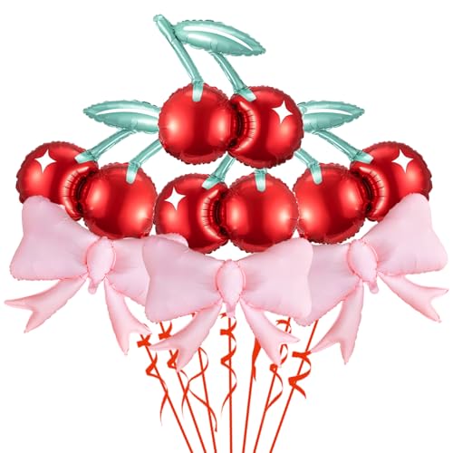 Image of Cherry and Pink Bow Balloons She is the Cherry On Top Party Decorations Cute Cherry Foil Balloons Red Fruit Mylar Balloons for Cherry Summer Themed Birthday Party Decoration Baby Shower