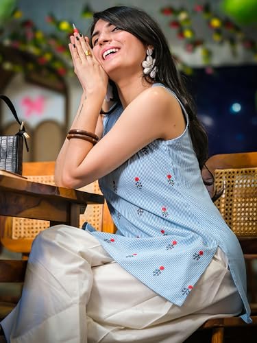Image of Youthnic Women's Cotton Embroidered And Stripes Work Summer Wear Straight Kurti With farshi Salwar | Co Ord Set for Women Stylish | Office wear Kurta Set