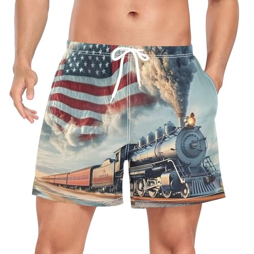 Men's Swim Trunks Train America Flag Quick Dry Swimwear Beach Shorts with Pockets