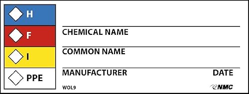 NMC WOL9 H - F - I - PPE - Nombre químico__ Nombre común__ Fabricante __ Fecha __ Etiqueta - Rollo de 500 4 pulgadas x 1.5 pulgadas. Etiqueta de