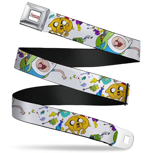 Cartoon Network Belt, Seatbelt Buckle Belt, Adventure Time Jake and Finn Open Pack Pose White, Adjustable, White, 3.81 cm Wide