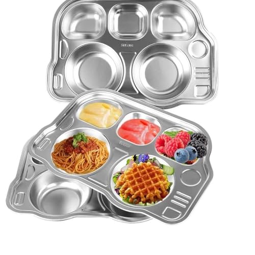 Image of Happy Hues Stainless Steel Divided Meal Plate Tray-5 Compartments Dinner Dish for Baby- Toddler- Kids Eating Food - Bus Shape