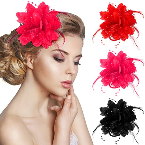 Genenic Fascinators Hats For Women, Feather Hair Clip Headband Derby Hat With Flower Mesh Veil For Women Tea Party And Wedding (Rose Red) #TOP4
