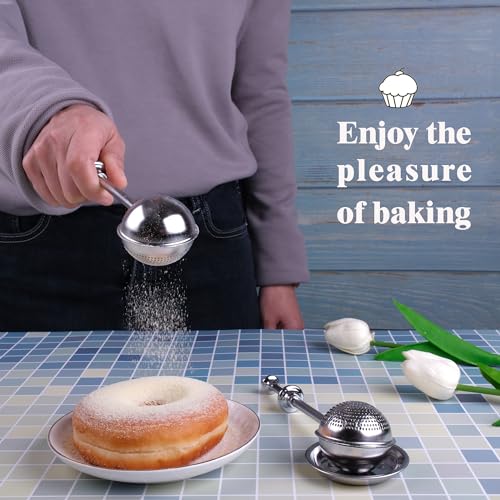 meeggrace Flour Sifter, Flour Duster for Baking, 304 Stainless Steel Powdered Sugar Spring Duster for Baking, Sifting Sugar, Flour, Spices and Tea Strainers, Small Tray Included. - Thumbnail 7