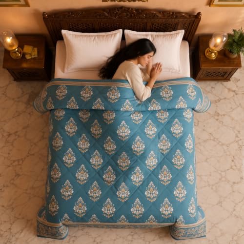 Image of SANMARINO 220 GSM Cotton Comforter for Double Bed | Premium Jaipuri Printed Reversible Quilt | Ultra Soft Lightweight All Season Blanket | Breathable, Skin Friendly - 220 x 230 cm,Peacock Blue