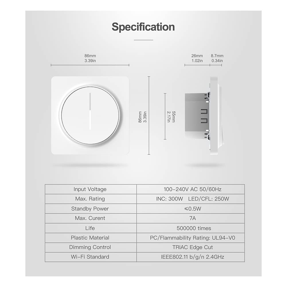 Tuya Smart WiFi Dimmer de Luz, Interruptor de Pared con Panel de Atenuación Táctil 100-240 V, Funciona para Alexa Home