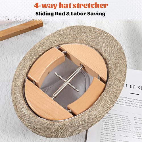 Image of 4 Way Hat Stretcher, Wooden Hat Stretcher for Fitted Hats, Stretched Length 7.1'' to 9'', Width 5.7'' to 7.1'', Heavy Duty of Extender Soft Black Handle for All Kinds of Hats