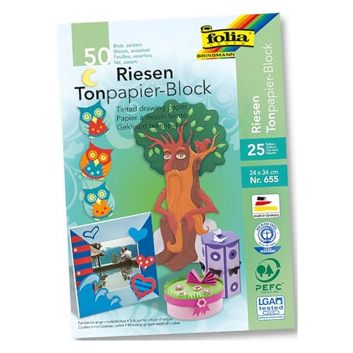 folia 655 - Tonpapierblock, ca. 24 x 34 cm, 50 Blatt, farbig sortiert - die ideale Grundlage für vielfältige Bastelideen