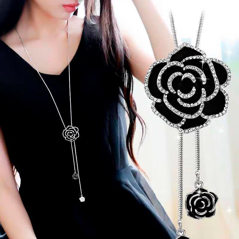 FORUBUS Elegant Long Necklace, Black Rose Long Necklace for Women, Long Rhinestone Necklace, Sweater Chain for Women - Image 2