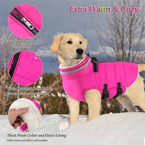 Image of Dogcheer Dog Winter Coat, Waterproof Dog Jacket with Harness - Pink,XL | Reflective Adjustable Puppy Warm Snow Coat with Zipper, Christmas Pet Fleece Cold Weather Coats for Small Medium Large Dog
