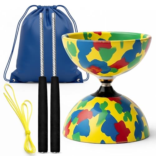 ProXopi Diabolo professionnel triple roulement, diabolo de jonglage avec bâtons en fibre de carbone, corde et sac de transport, stable et résistant pour débutants et adultes (multicolore)