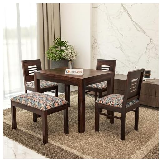 RECTART Solid Sheesham Wood 4 Seater Dining Table Set with Cushioned Chairs | 4 Seater Dining Table for Living Room | Dining Table 4 Seater (4 Seater with Bench, Walnut-II)