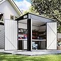 BinpLax 8'x4' Shed Galvanized Steel Storage Sheds with Triple Doors Weatherproof Outdoor Utility Sheds, Dual Lock Lean to Shed with Sloped Roof for Mower, Bike, Generator, Garden Tools (Black)