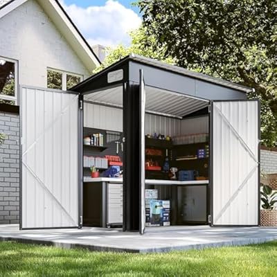 BinpLax 8'x4' Shed Galvanized Steel Storage Sheds with Triple Doors Weatherproof Outdoor Utility Sheds, Dual Lock Lean to Shed with Sloped Roof for Mower, Bike, Generator, Garden Tools (Black)