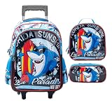 Kit Mochila Infantil Tubarão Prancha Colorida com Rodinhas – Mochila Escolar + Lancheira + Estojo