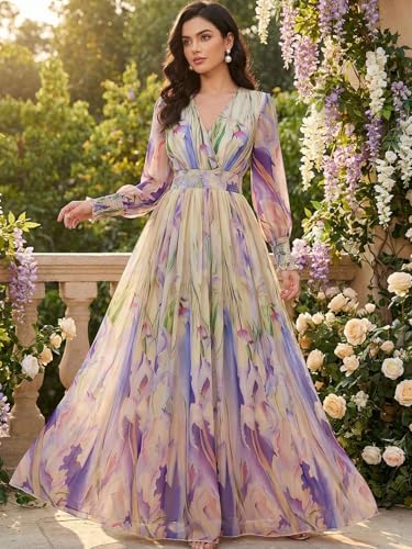 Image of TOLEEN Summer Casual Dresses for Women 2024 Spring Fashion Boho V Neck Long Sleeve Ruffle Floral Print Elegant Maxi Dress