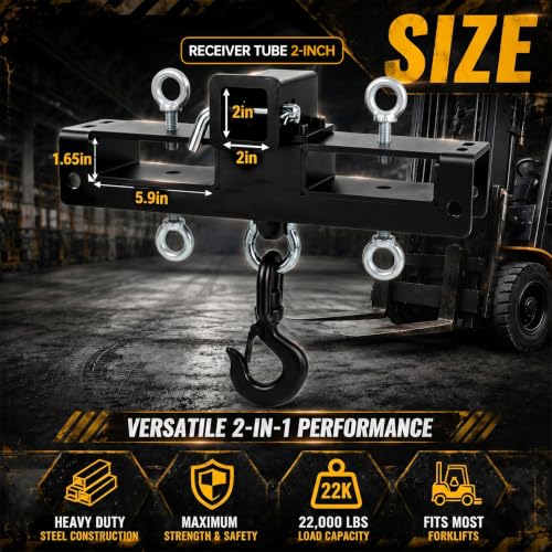 Image of Outus Heavy Duty Forklift Lifting Hook Attachment, 10 Ton Dual Fork Mount Forklift Crane Hook with 2 inch Trailer Hitch for Lifting, Towing, Machinery, Generators, Drums & Tractor Forks