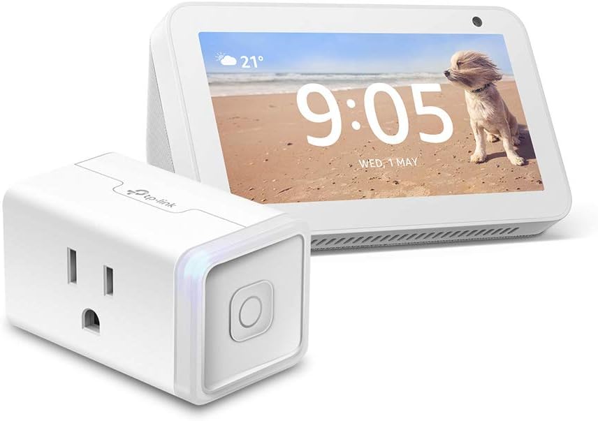 Echo Show 5 (Sandstone) Bundle with TP-Link simple set up smart plug