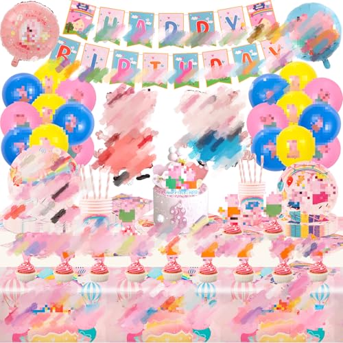 Pig Pappteller 107PCS Geburtstagsdeko Set Rosa Schwein Thema Party Set Pig Partygeschirr Geburtstag Enthält Teller Luftballons Tassen Servietten Banner Tischdecke für 20 Personen