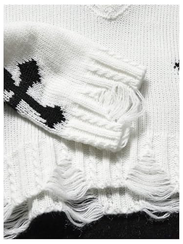 Girl's Gothic Graphic Sweater V Neck Ripped Pullover Sweater Distressed Long Sleeve Knit Crop Top3