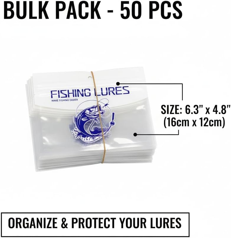 50pcs Soft Plastic Bait Packaging Bags,Fishing Hook Package Storage Bags, 6"x4" Waterproof Zipper Bags | Thickened PE Material with Reinforced Seams