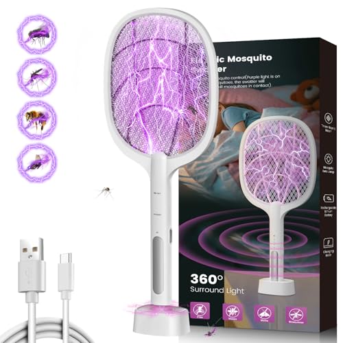 STORMHERO Electric Fly Swatter Zapper, Mosquito Swatter Racket Bug Zapper, USB Rechargeable Mosquito Killer, 3-Mode Wireless Fly Zapper with Trapping Light and Base for Indoor, Outdoor, Camping