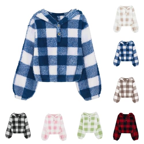 Teen Girls Fuzzy Hoodies Plaid Warm Button Pullover Kids Trendy Preppy Oversized Warm Crop Plain Long Sleeve T-Shirt2