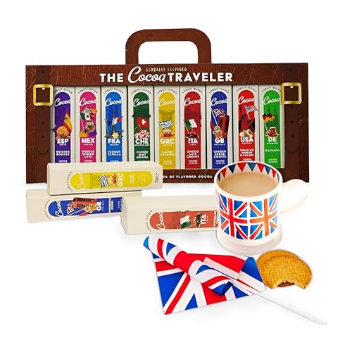 Cocoa Traveler Hot Chocolate Gift Set - 9 Hot Chocolate Drink Flavors from Different Countries in a Luggage Gift Set. Great for Christmas Eve Box Fillers Christmas Gifts for Women who Loves Travel