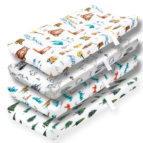 Image of 4 Pack Changing Pad Covers Woodland Forest Animals Wood Neutral Unisex Fitted Baby Changing Pad Cover Set for Baby Boys or Girls